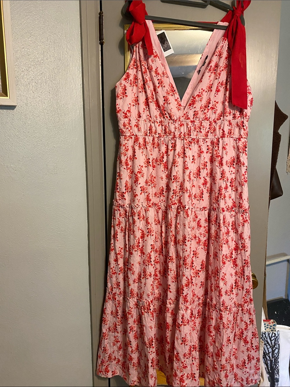 DAVI & DANI Pink Midi Dress with Red Floral Print and Tie Straps